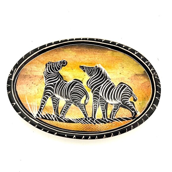 Other - Zebra Oval Trinket Dish Hand Carved Painted Wood Africa Safari Theme Home Decor
